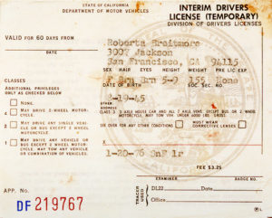 Lynn Hershman Leeson, Roberta’s Interim Drivers License, issued January 20, 1976