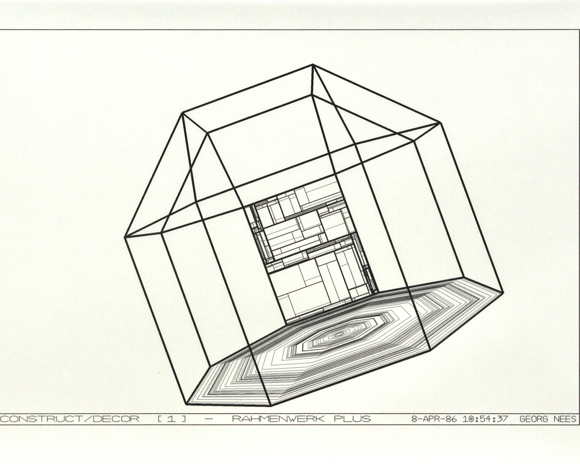 Georg Nees, Construct/Decor [1] Rahmwerk Plus, laser print, 25 x 36 cm, 8 Apr 86, signed and dated as part of the print Georg Nees, edition of 4.