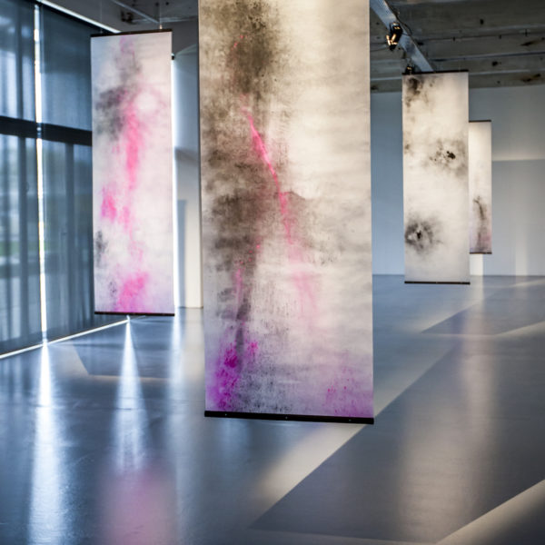 Addie Wagenknecht, Black Hawk Powder.
Gun powder, thermochromic pigment and beet-dyed pigment on vellum, 100 x 24 in / 254 x 61 cm. 2014.
Photo: Hanneke Wetzer